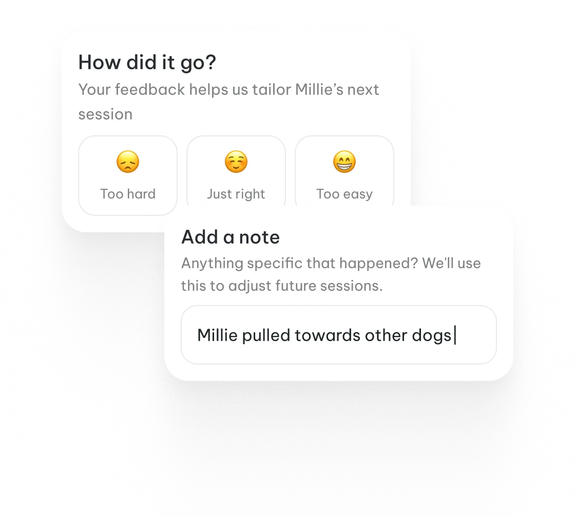 A session feedback screen with rating faces and a note about the dog pulling toward other dogs.